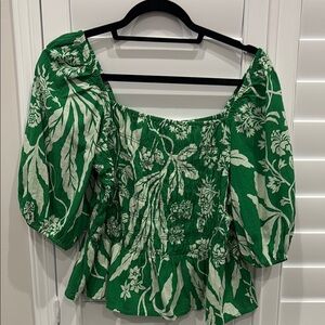 H &M Green and White Puff Sleeve Blouse with Ruffled Peplum
